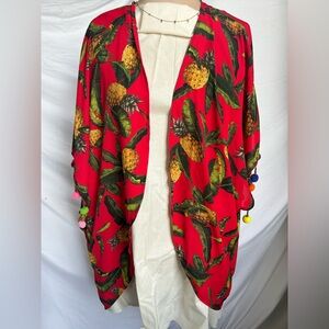Red Pineapple Print Kimono Cover-Up Gianni Bini Cruisewear Vacation Swim Resort